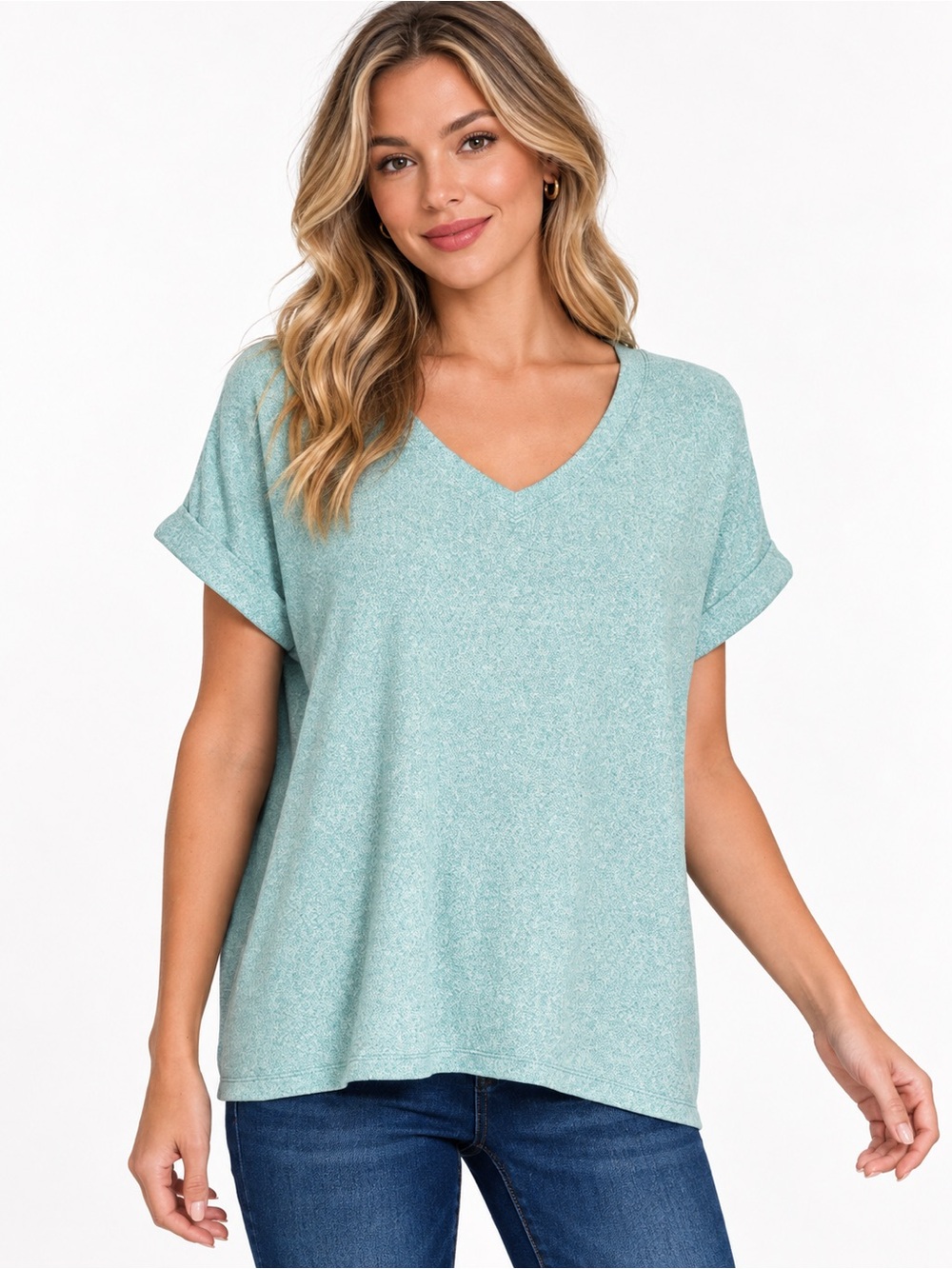 Zenana Melange Hacci Dusty Teal V-Neck Short Sleeve Cuffed Relaxed Fit